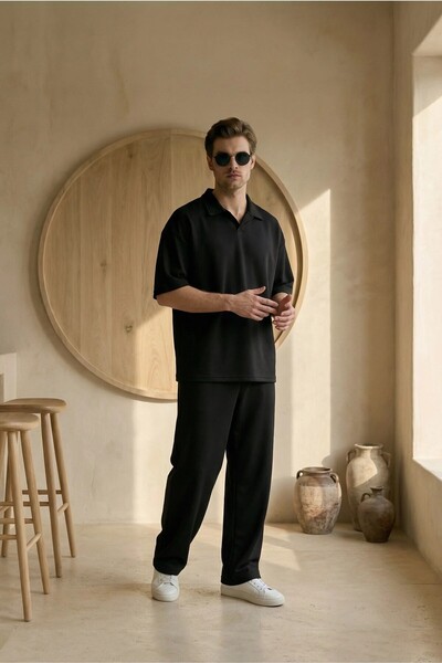 MADZEYMODA Men's Summer Black Tracksuit Set Polo Collar T-Shirt Elastic Lace-...