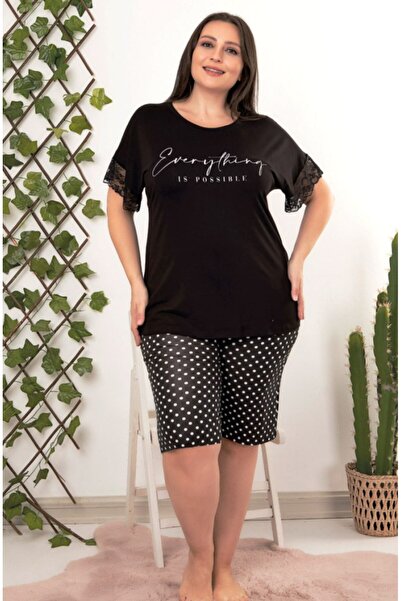 by İGP Black Short Sleeve Plus Size Polka Dot Piece Shorts Set