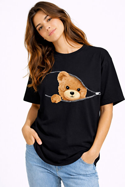 NEVERMIND Zippered Teddy Bear Printed Women's T-Shirt Oversized Cute Teddy Be...