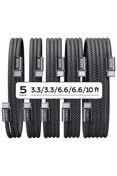 LISEN Cablu Date si Incarcare USB-C - USB-C Lisen, 60W, Set 5 bucati (2 x 1m,...