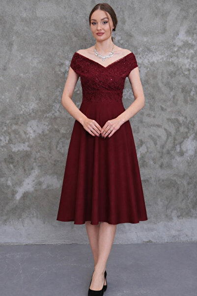 MAG FASHİON Lace Li Large Size Dress Boat Neck Off Shoulder Woven Drapey Fabr...