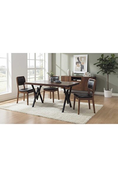 VETROWOOD Kütük Yemek Masası Takımı 200x80 cm Doğal Ceviz Kaplama Metal Ayak ...