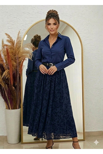 MaxiMor Women's Navy Blue Color, Suitable for Hijab, Elastic Waist, Belt Incl...