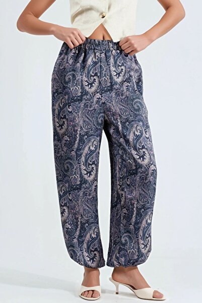 Hiccup Qu Style Patterned Baggy Fit Elastic Leg Pocketed Pants