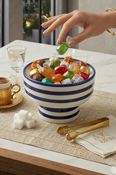 EVCİME Çizgili Ayaklı Seramik Sunum Kasesi & Şekerlik & Çerezlik - (14 cm) Ma...