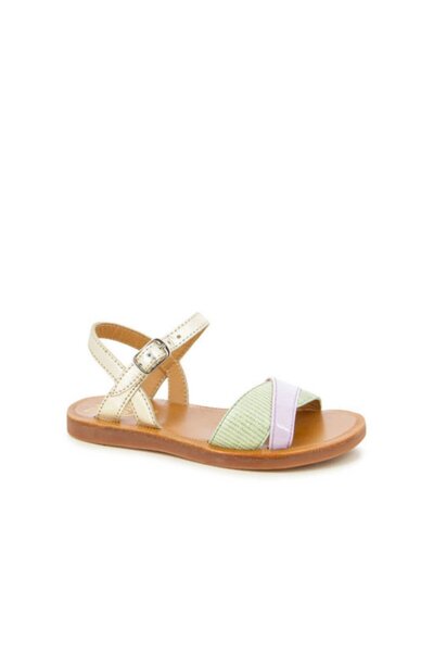 PETIT-ATELlER Girls Cream Leather Flat Sandal Mint Lilac Bicolor Strap Buckle...