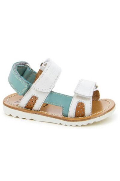 PETIT-ATELlER Kids Two Tone Leather Sport Sandal Double Velcro White Teal Chu...