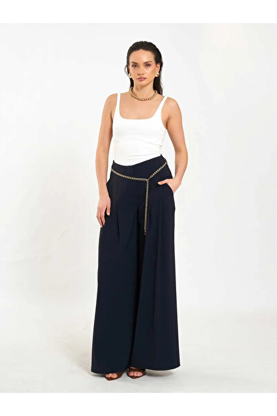 BIGNUANCE Navy Blue Double Pleated High Waist Chain Belted Wide Leg Palazzo W...