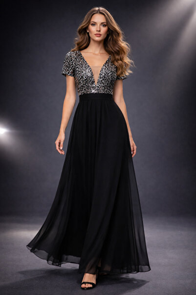 Masspera Pul Payet Detaylı Şifon Maxi Abiye Elbise V Yaka Kadın Gece Davet El...