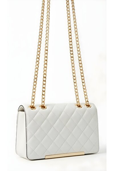 Satuna White Quilted Patterned Gold Chain Chained to the Hand with Shoulder Bag