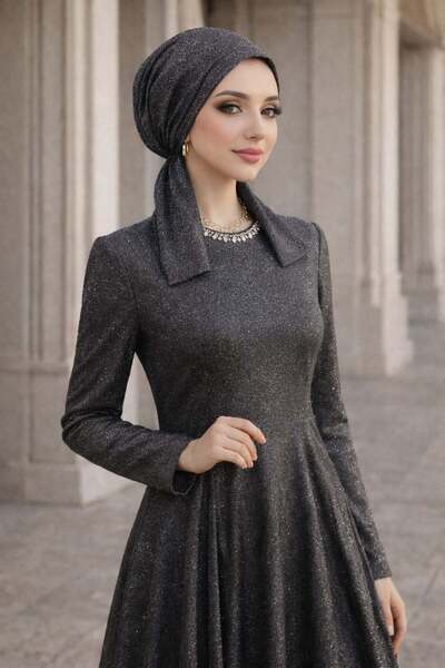 Aişe tesettür Anthracite Black Sparkling Evening Dress Scarf Bonnet