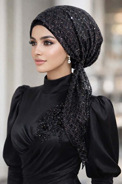 Aişe tesettür Black Glittery Evening Dress Scarf Bonnet