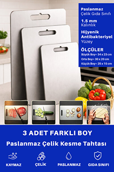 Just Art 3 Adet Paslanmaz Çelik Mutfak Kesme Tahtası Et Sebze Doğrama Tahtası