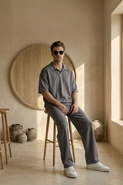 MADZEYMODA Men's Summer Anthracite Tracksuit Set Polo Collar T-Shirt Elastic ...