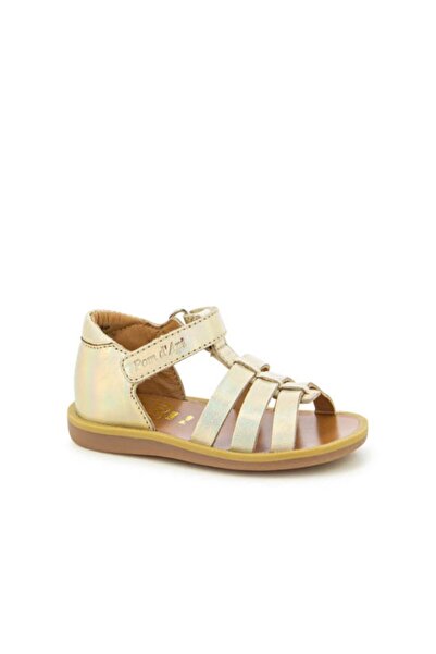 PETIT-ATELlER Girls Iridescent Champagne Leather Fisherman Sandal Velcro Ankl...