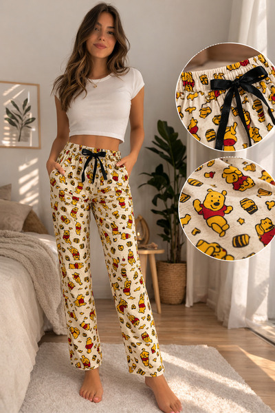 EGE TEKSTİL Kadın Desenli Pijama Altı Rahat Kesim Lastikli Ev Giyim Pantolonu