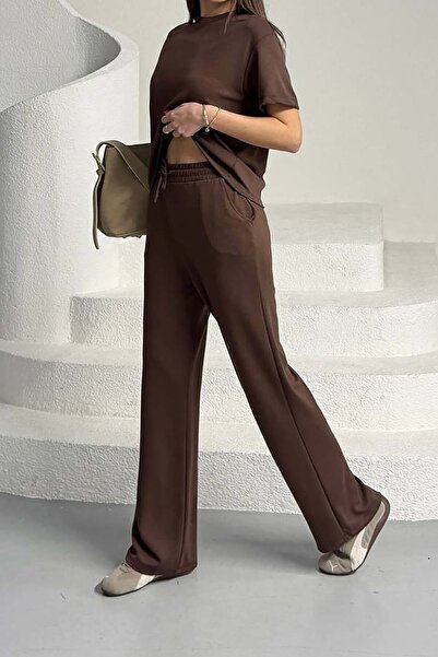 XXL BUTİK Set de două piese din material textil maro modal pentru femei – L m...