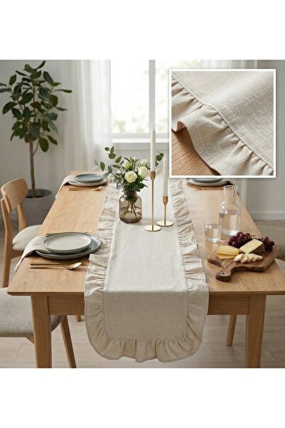 MOSTAS Vintage Bej Fırfırlı Runner %100 Keten Masa Örtüsü Konsol Örtüsü 40x12...