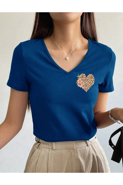SUNFREE Floral Leopard Heart V-Neck Pam Cotton Short Sleeve Women's Tshirt