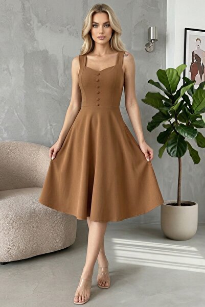 LAREON Women's Mink Strap Heart Collar Button Detailed Crepe Dress Mee1014