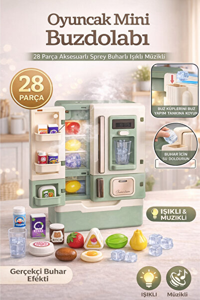 TRENDZONE Oyuncak Buzdolabı Evcilik Mutfak Seti 28 Parça Işıklı Müzikli Sprey...