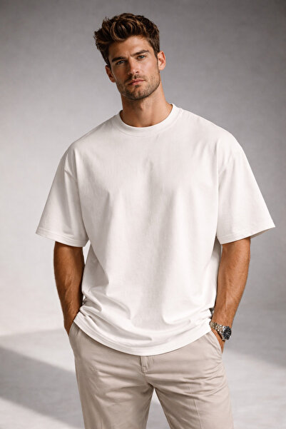 metsawear Premium Oversized Basic T-Shirt Off-White 100% Cotton Comfortable F...