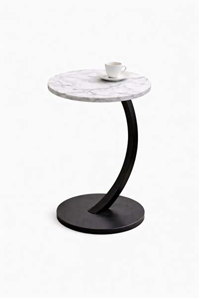 TSUMAB طاولة جانبية دائرية عصرية من الرخام - سطح من خشب MDF أبيض رخامي مع إطا...