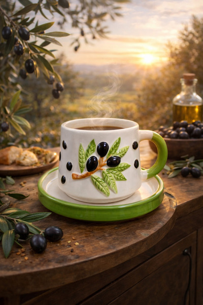 Casa Plus Embossed Olive Patterned Three-Dimensional Mug, Handcrafted Ceramic...