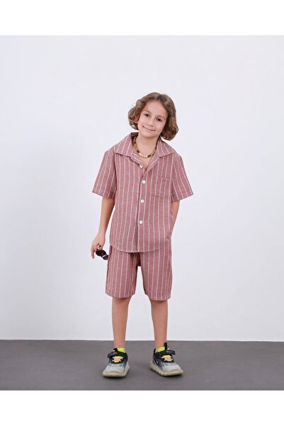 Arya Nisa Kids Boy's Linen Striped Fabric 100% Cotton Summer 2-Piece Collared...