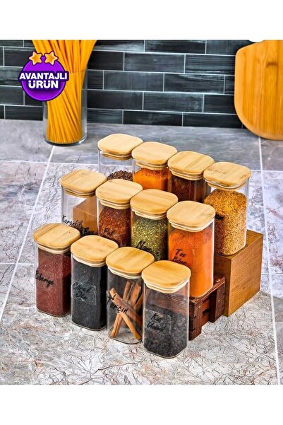 Empressco Stylish Set of 12 Mica Spice Jars with Wooden Lids, Leak-Proof, 300 ml