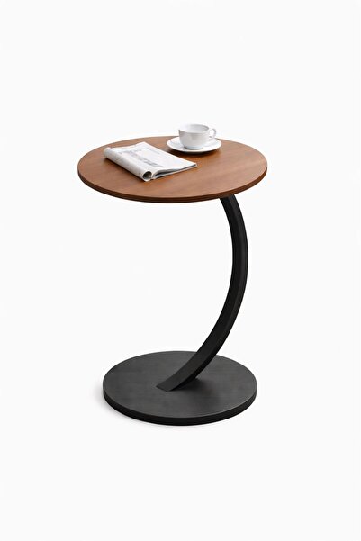 TSUMAB طاولة جانبية دائرية عصرية - سطح من خشب MDF بلون الجوز مع إطار منحني من...