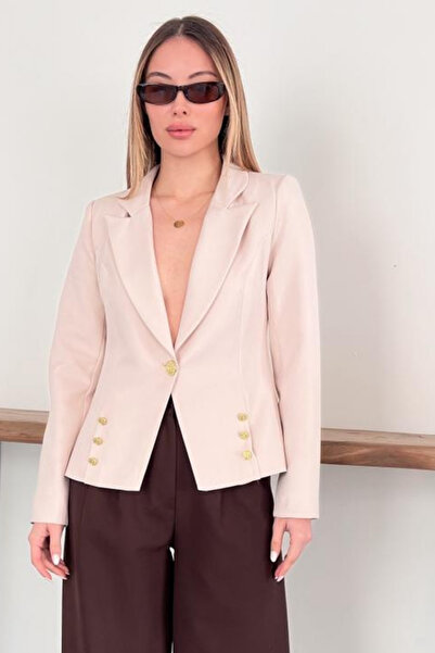 diaves Krem Gold Düğme Detaylı Kruvaze Kesim Dokuma Kumaş Blazer Ceket