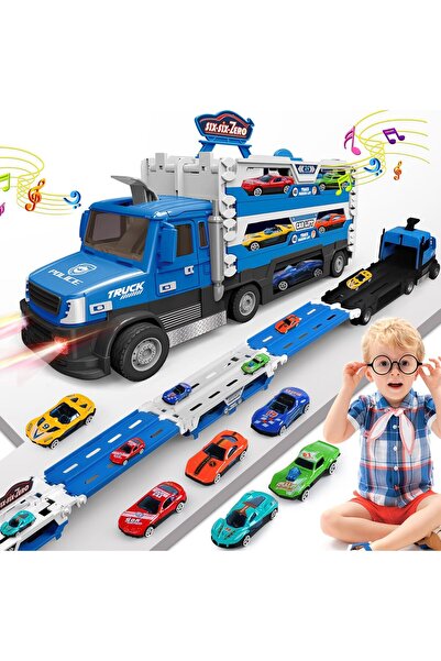 Toybox مجموعة ألعاب شاحنة نقل، مضمار سباق قابل للطي وحاوية نقل مزودة بخاصية ا...