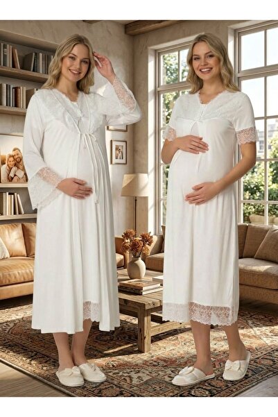 Lohussa Yeni Sezon Ekru Dantel Detaylı Yazlık Özel Tasarım %100 Pamuk Hamile ...