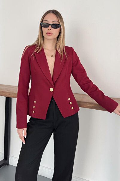 diaves Bordo Gold Düğme Detaylı Kruvaze Kesim Dokuma Kumaş Blazer Ceket