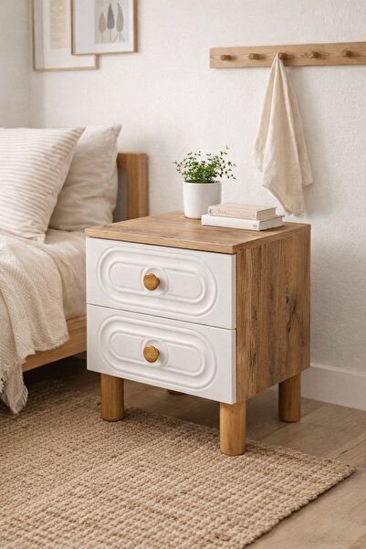 Rivon Mobilya Modern Komodin 2 Çekmeceli | Beyaz Lake & Doğal Masif Ahşap | P...