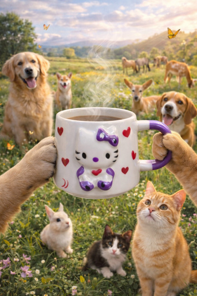 Casa Plus Kabartma Mor Kedi Figürlü Kupa Bardak Mug 200ml