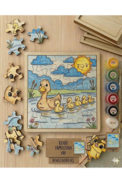 Çocuklar İçin Ördek Ailesi Boyanabilir Puzzle Eğitici Ahşap Yapboz Seti Boyama Seti