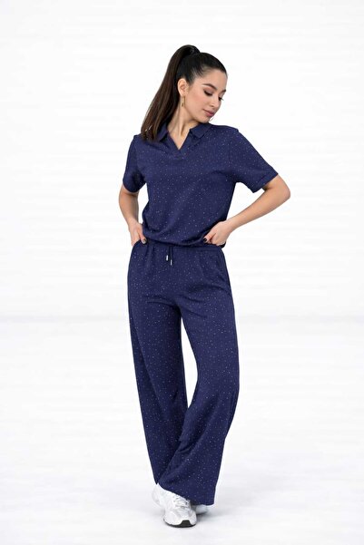 lubiti Modal Fabric, Shirt Collar Crystal Stones, Top and Bottom Set /High Wa...