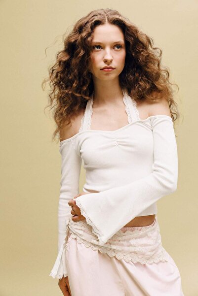 DeFacto Fitted Halter Neck Corded Fabric Ribbed Knit Long Sleeve T-Shirt G983...