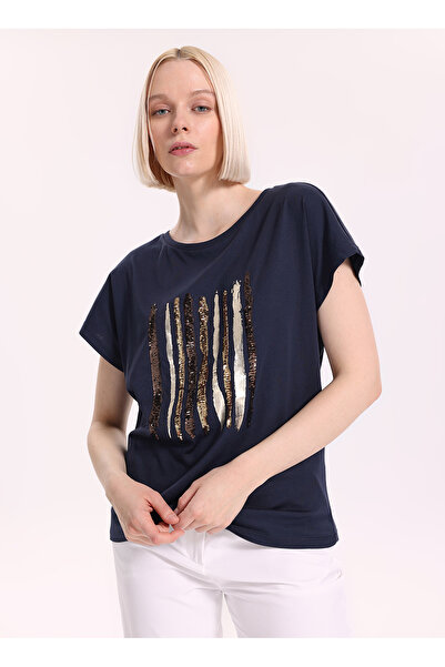 Fabrika Lacivert Kadın Regular Fit Payetli T-Shirt F6SL-TST0350