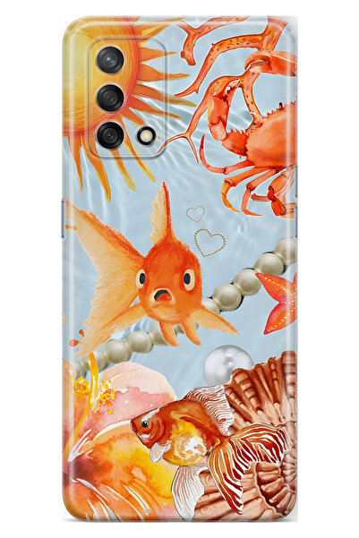 FLAMENKO حافظة هاتف شفافة متوافقة مع هاتف أوبو A74 باللون البرتقالي فيش منقوش