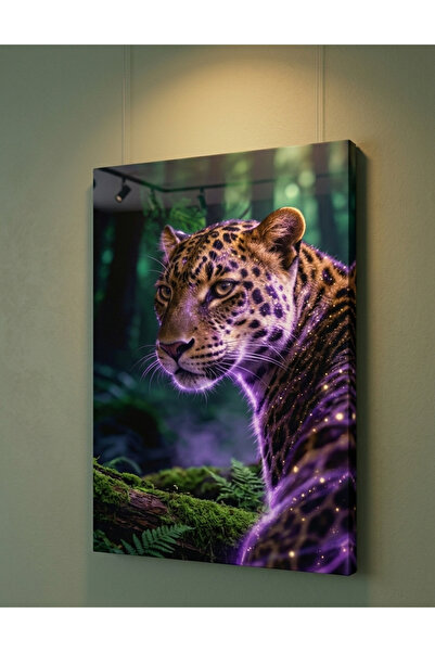 NET REKLAM Modern Leopar Duvar Tablosu | Mor Işıklı Orman Temalı Dekoratif Sa...