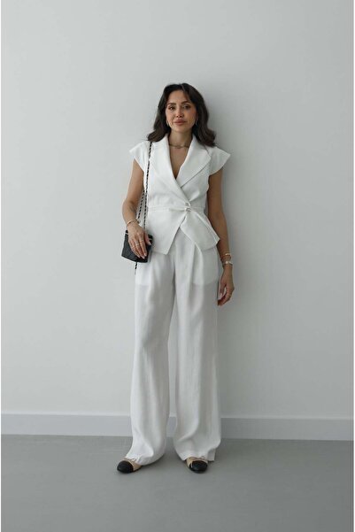 Havoş Set pantaloni Ecru Beli İp B cu detaliu cu șnur Y vestă