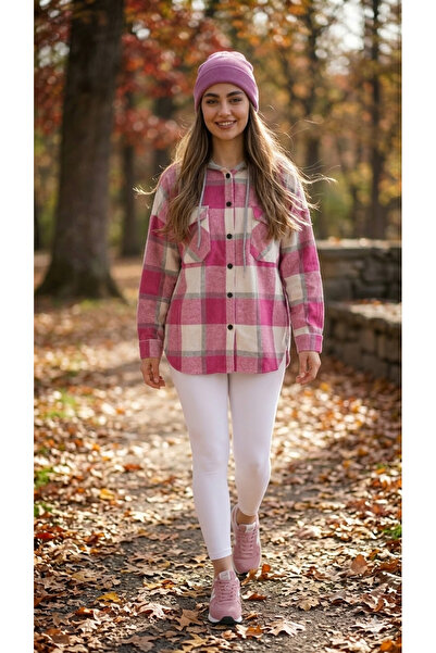 Polologin Butik Women's Plaid Jacket-Shirt, Fuchsia White Checked