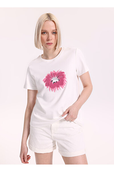 Fabrika Bisiklet Yaka Nakışlı Kırık Beyaz Kadın T-Shirt F6SL-TST0351