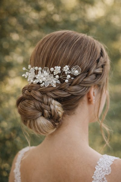 renaitre art Transparent Leaf, Flower, and Pearl Comb Design Hairpin, Special Occasion Hairpin, Bridal Hairpin