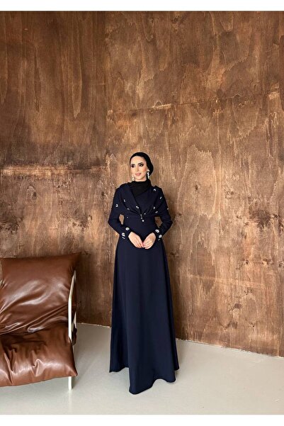 SAYRA Rochie de seară albastru marin cu broderie din piatră – Model Leyla