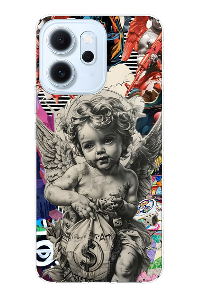 FLAMENKO غطاء هاتف شفاف متوافق مع أوبو رينو 14F من ماركة ميليك كولاج منقوش