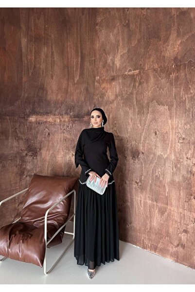 SAYRA Tesettür Şal Detaylı Taş İşlemeli Uzun Abiye Elbise – Saray Gecesi Model